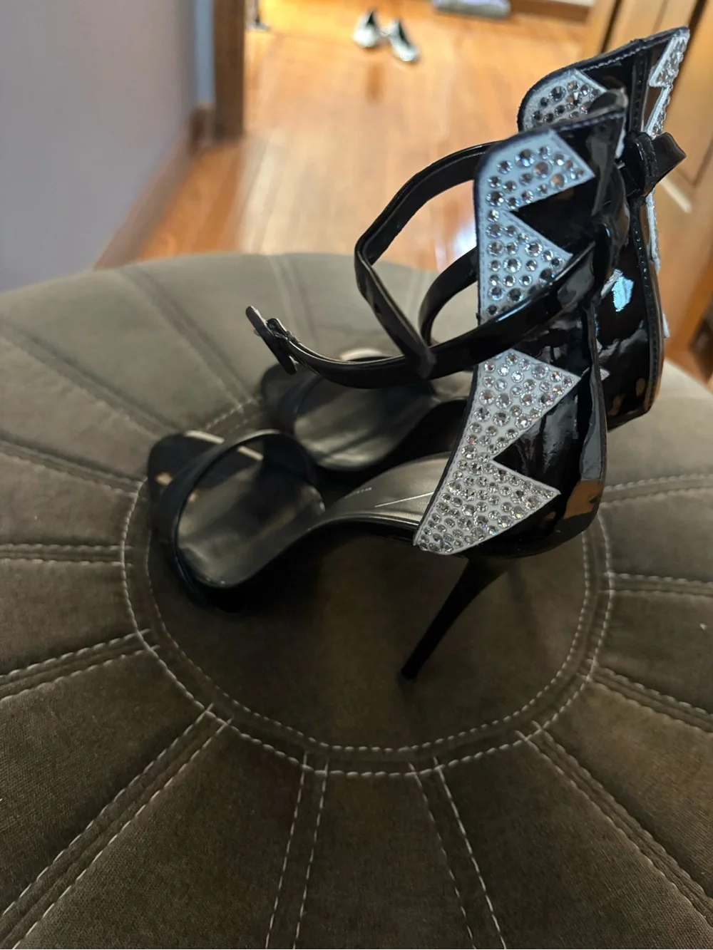 Giuseppe Zanotti Black Patent Stiletto Sandals with Crystal Lightning Detail
